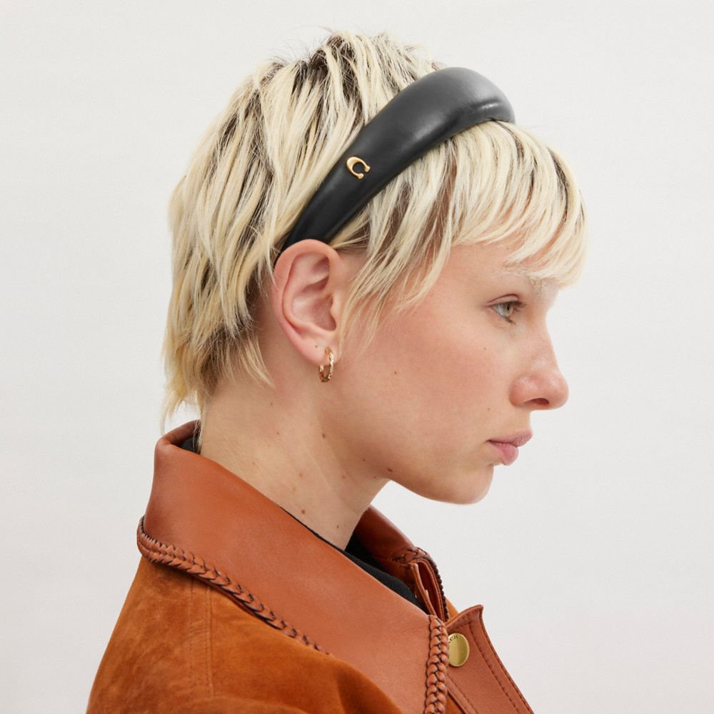 COACH®,Leather Headband,Lambskin,Headband,Metal Material,Metal,Logo,Gold Metal,Casual,Black,Detail View