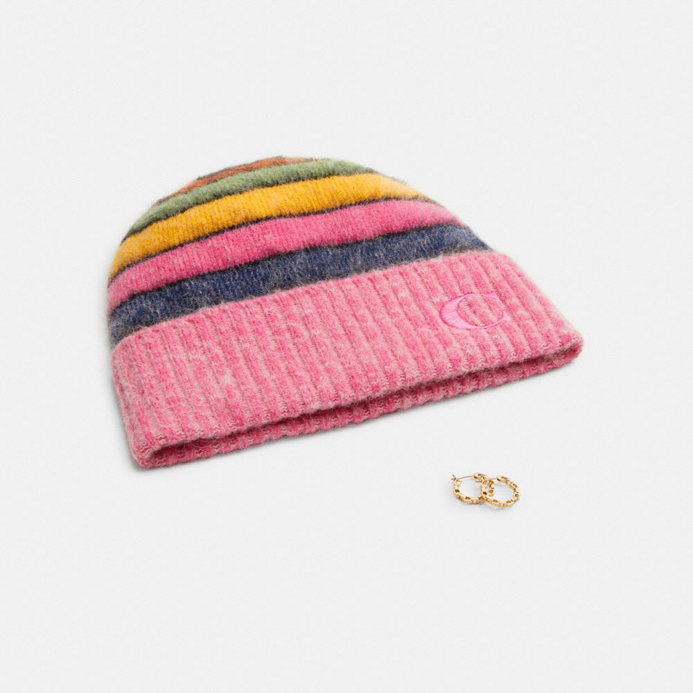 COACH®,Striped Beanie & Signature Chain Small Hoop Earrings,
