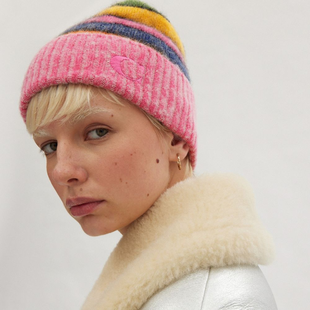 COACH®,Striped Beanie,,Detail View