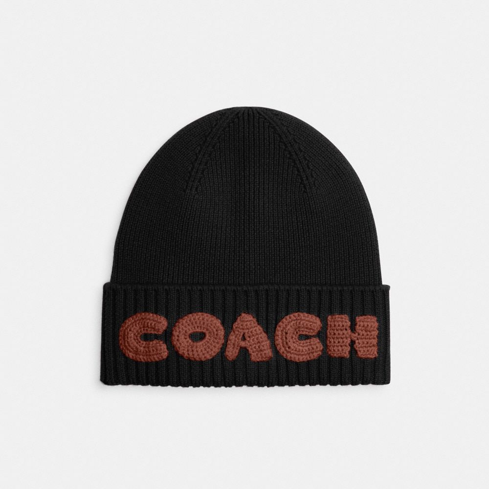 COACH®,BOXED BEANIE,Black,Front View