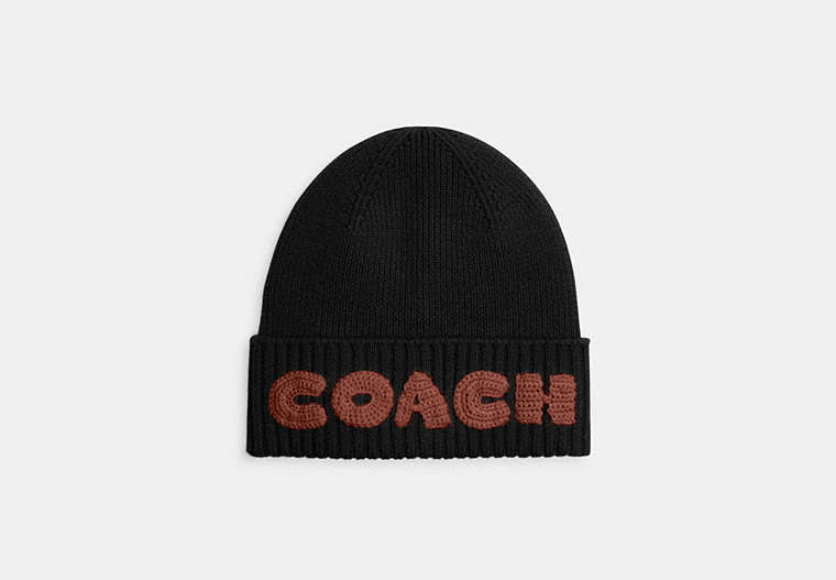 COACH®,BOXED BEANIE,Black,Front View
