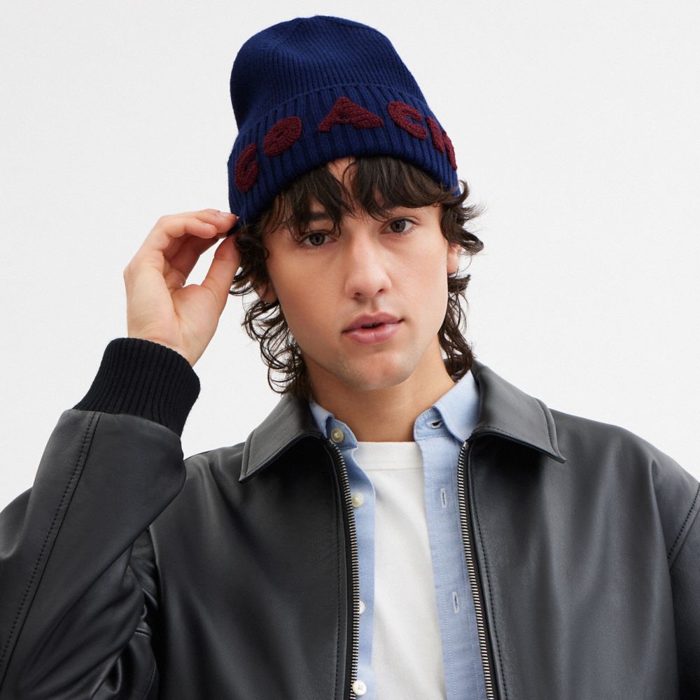 COACH®,Boxed Beanie,Wool,Beanie,Ribbed,Casual,Navy,Angle View