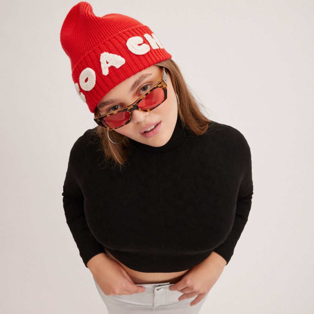 COACH®,Boxed Beanie,Wool,Beanie,Ribbed,Casual,Red,Detail View