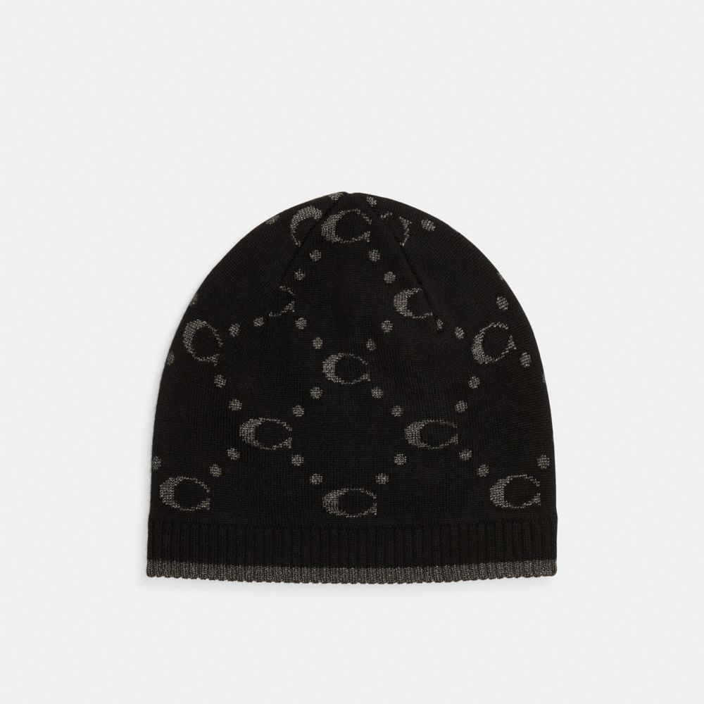 COACH®,SIGNATURE METALLIC KNIT BEANIE,Black,Front View