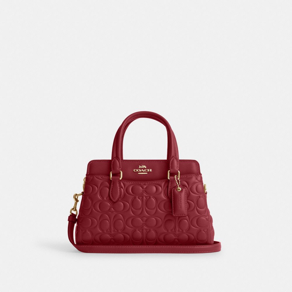 COACH®,MINI DARCIE CARRYALL BAG IN SIGNATURE LEATHER,Smooth Leather,Small,Gold/Cherry,Front View