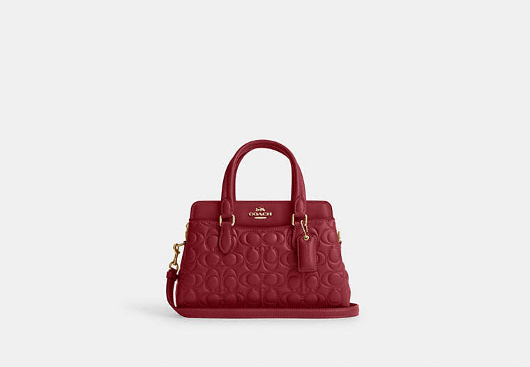 COACH®,MINI DARCIE CARRYALL WITH SIGNATURE LEATHER,Medium,Gold/Cherry,Front View