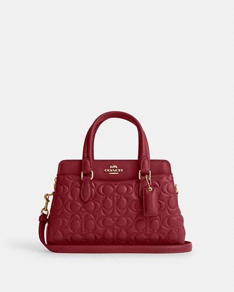 COACH®,MINI DARCIE CARRYALL BAG IN SIGNATURE LEATHER,Small,Gold/Cherry,Front View