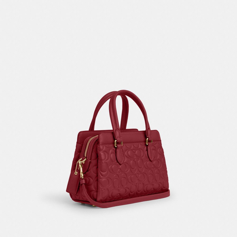 COACH®,MINI DARCIE CARRYALL BAG IN SIGNATURE LEATHER,Smooth Leather,Small,Gold/Cherry,Angle View