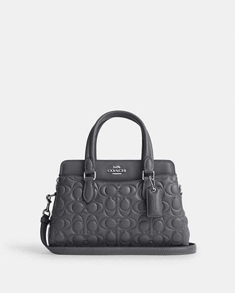 COACH®,MINI DARCIE CARRYALL WITH SIGNATURE LEATHER,Small,Silver/Industrial Grey,Front View
