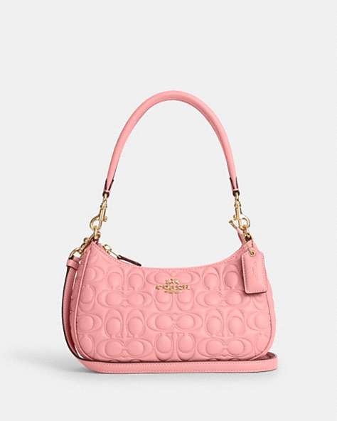 COACH®,TERI SHOULDER BAG IN SIGNATURE LEATHER,Gold/Light Blush,Front View