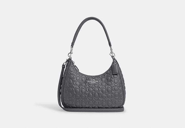 COACH®,TERI HOBO WITH SIGNATURE LEATHER,Medium,Silver/Industrial Grey,Front View