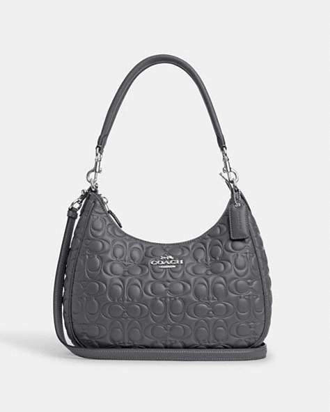 COACH®,TERI HOBO WITH SIGNATURE LEATHER,Silver/Industrial Grey,Front View
