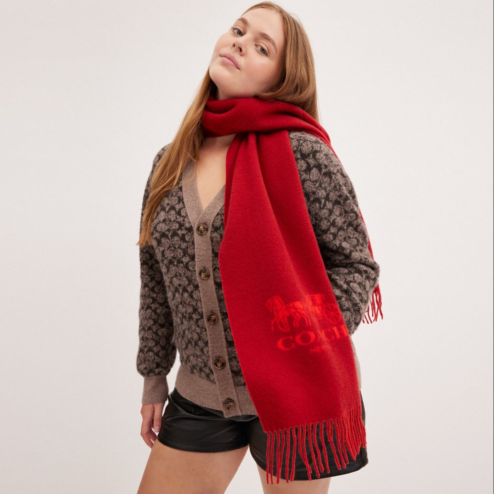 COACH®,HORSE AND CARRIAGE BICOLOR CASHMERE MUFFLER,Sport Red/Enamel Red,Detail View