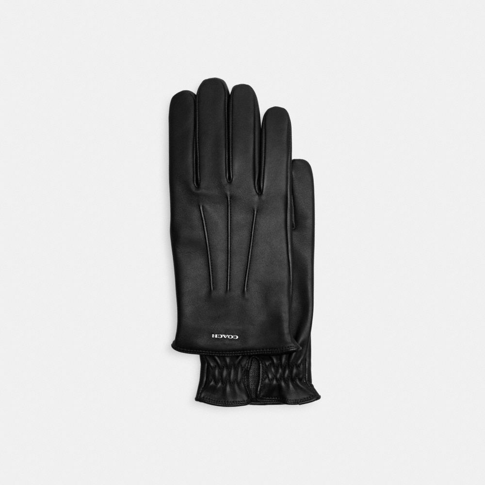 COACH®,LEATHER TECH GLOVES,Black,Front View