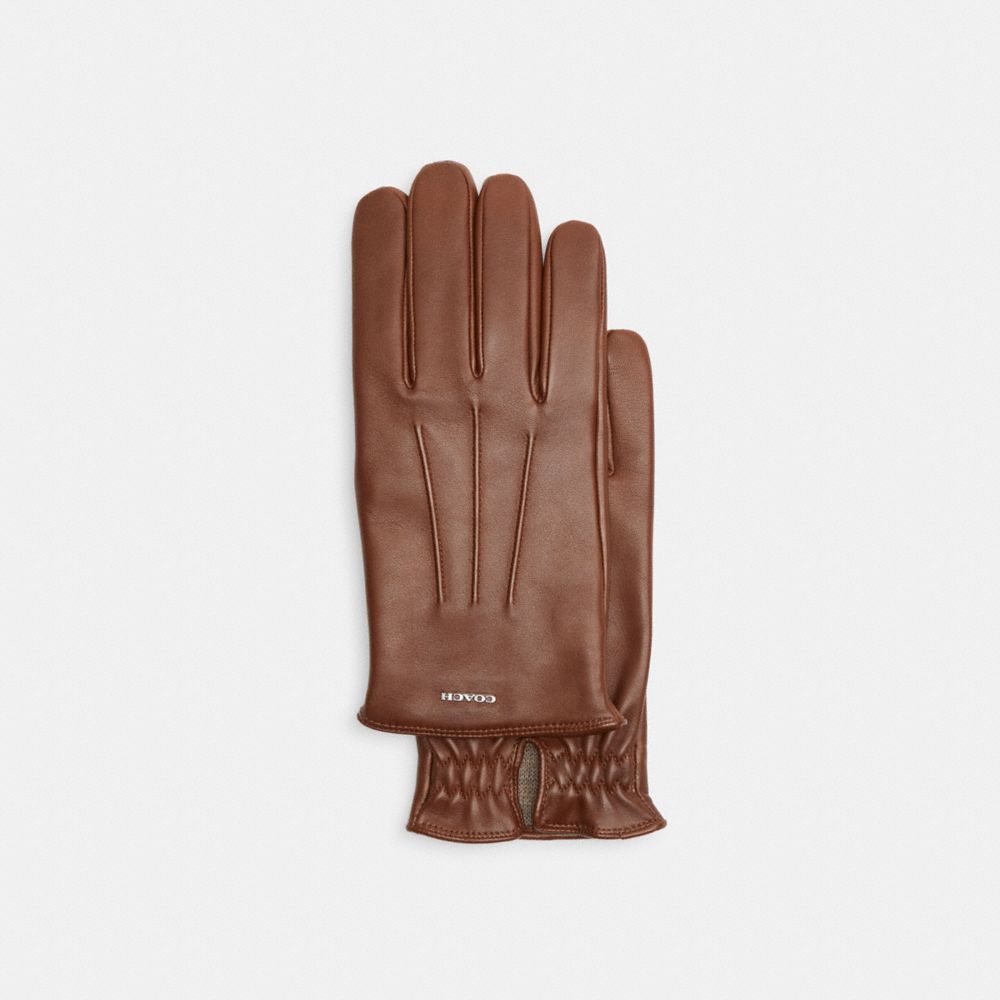 COACH®,GANTS TECH EN CUIR,Brun foncé,Front View