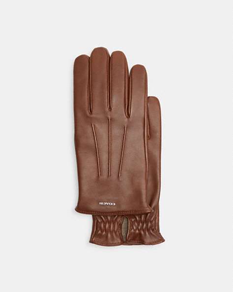 COACH®,LEATHER TECH GLOVES,Dark Saddle,Front View