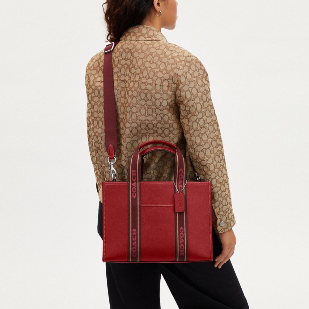 COACH®,Smith Tote Bag,Leather,Tote,Stripe,Logo,Word Embellishment,Silver Metal,Casual,Maroon,Detail View