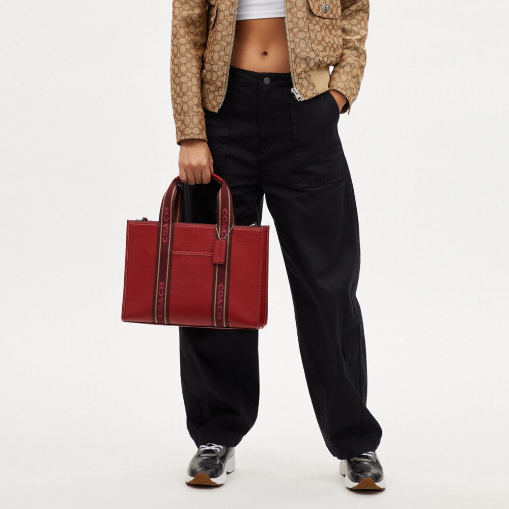 COACH®,Smith Tote Bag,Leather,Tote,Stripe,Logo,Word Embellishment,Silver Metal,Casual,Maroon,Detail View