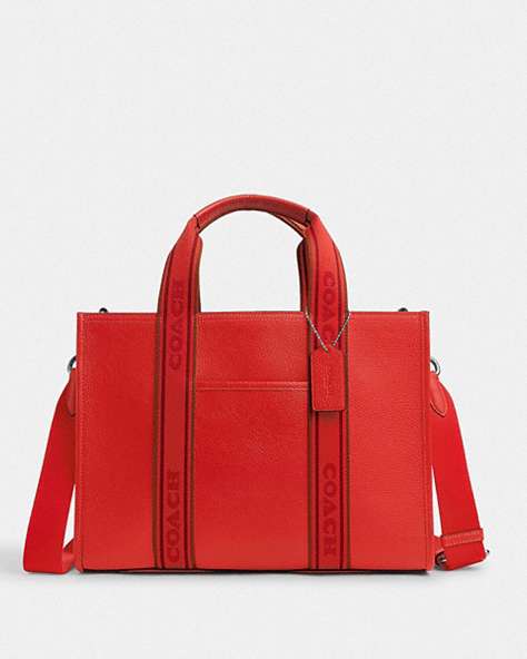 COACH®,SMITH TOTE,Leather,Large,Silver/Miami Red Multi,Front View