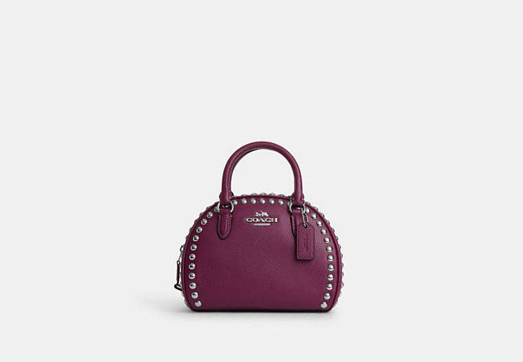 COACH®,SYDNEY SATCHEL WITH RIVETS,Mixed Material,Silver/Deep Berry,Front View
