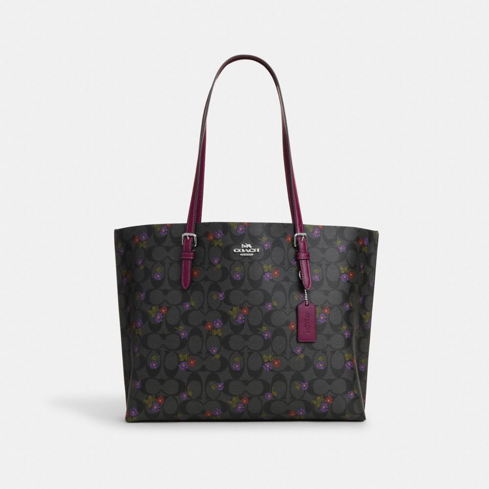 Silver Graphite Deep Berry Mollie Tote Bag In Signature Canvas With Country Floral Print