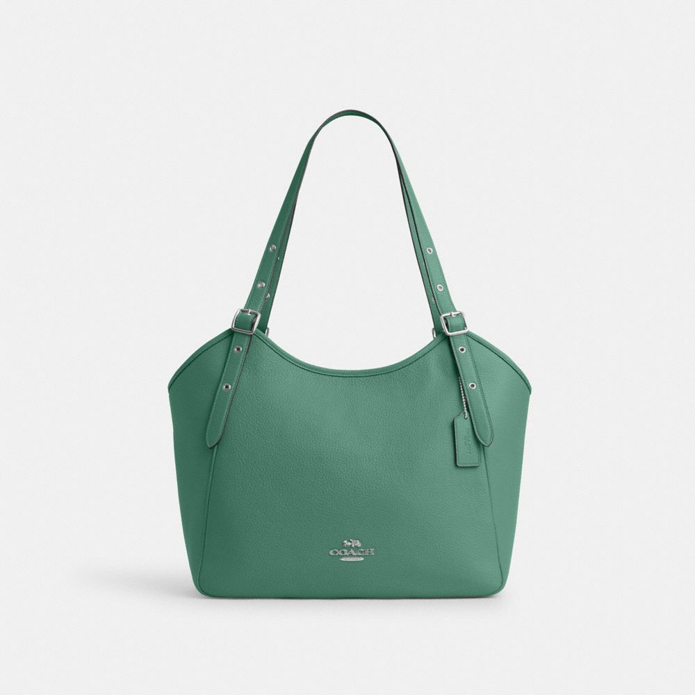 COACH®,Meadow Shoulder Bag,Leather,Tote,Belt,Gold Metal,Work,Green,Front View