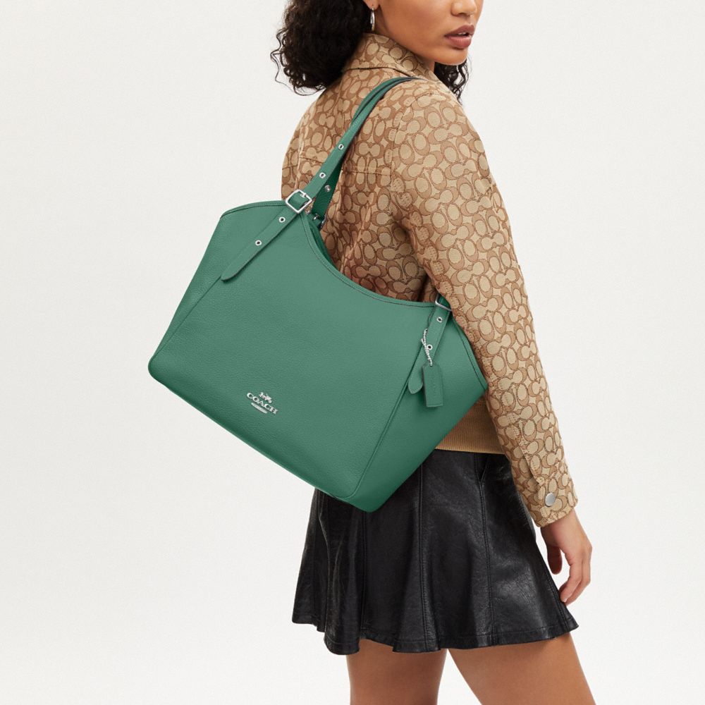 COACH®,Meadow Shoulder Bag,Leather,Tote,Belt,Gold Metal,Work,Green,Detail View