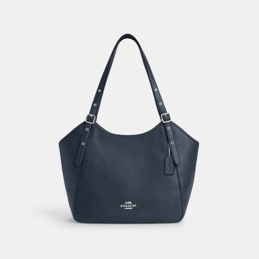 COACH®,MEADOW SHOULDER BAG,Pebbled Leather,Large,Silver/Denim,Front View