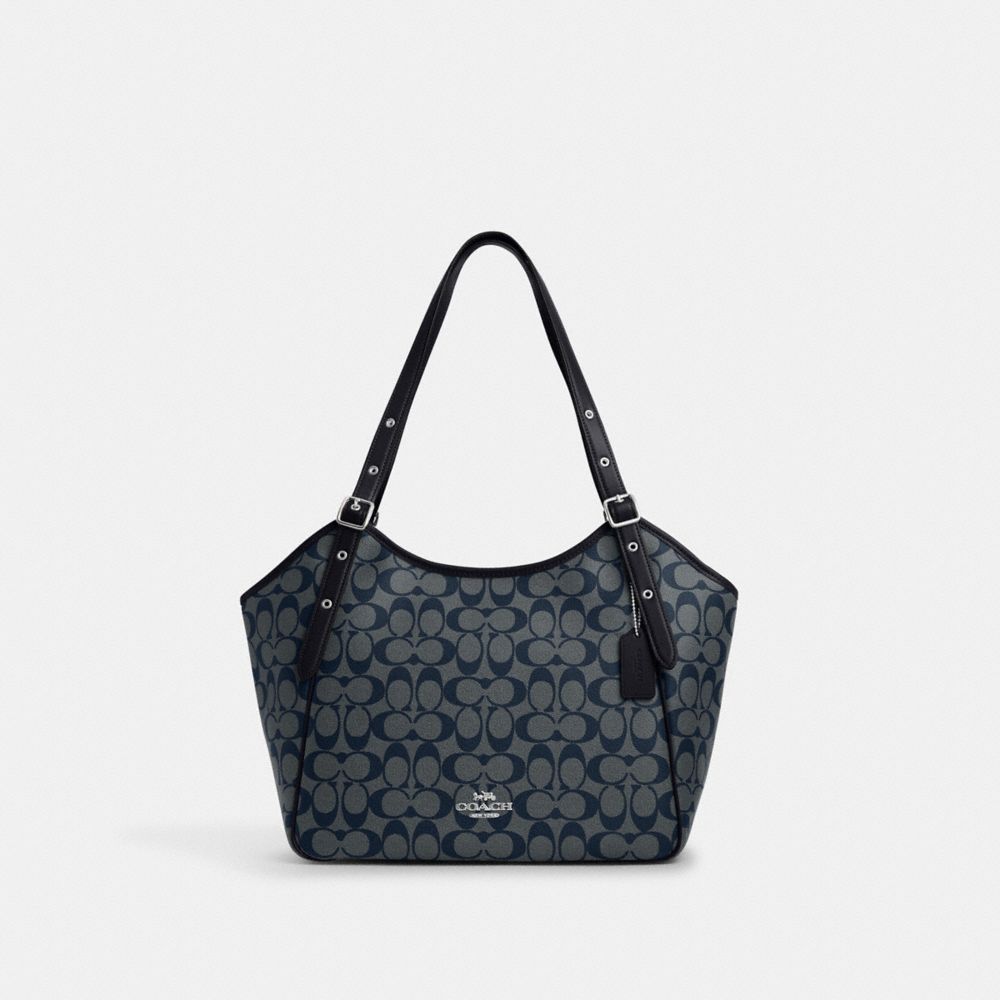 COACH®,MEADOW SHOULDER BAG IN SIGNATURE CANVAS,pvc,Large,Silver/Denim/Midnight Navy,Front View