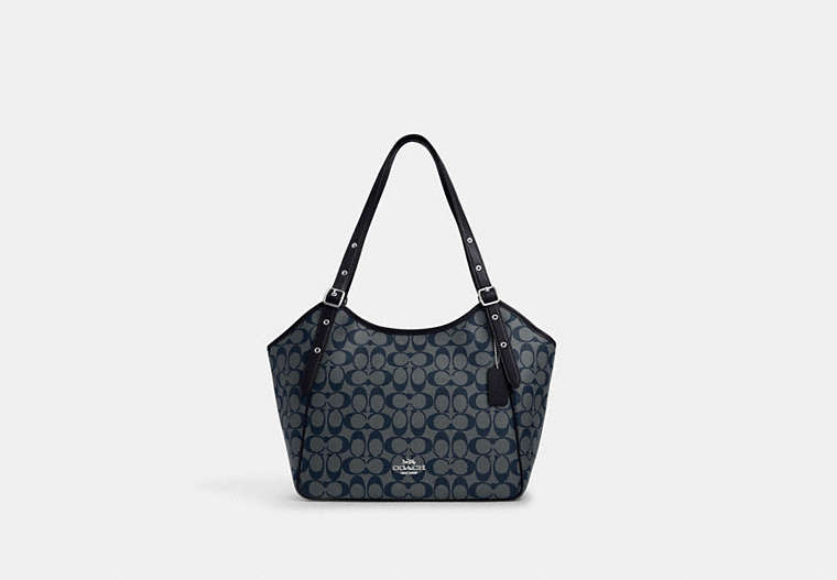 COACH®,MEADOW SHOULDER BAG IN SIGNATURE CANVAS,pvc,Large,Silver/Denim/Midnight Navy,Front View
