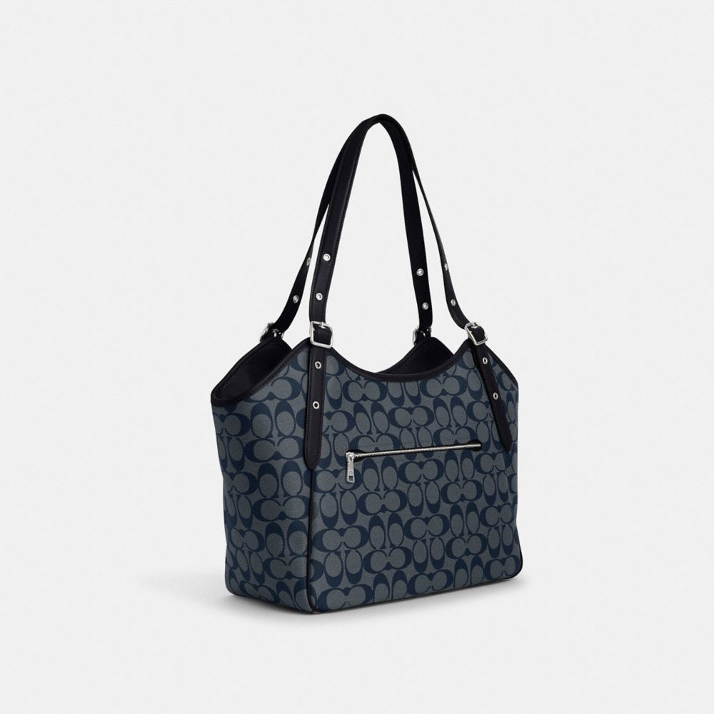 COACH®,MEADOW SHOULDER BAG IN SIGNATURE CANVAS,Signature Canvas,Large,Silver/Denim/Midnight Navy,Angle View