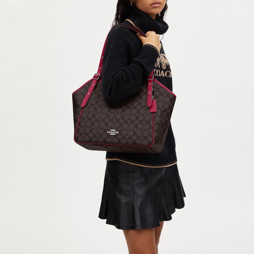 COACH®,Meadow Shoulder Bag In Signature Canvas,Leather,Canvas,Tote,PVC,Piping,Logo,Gold Metal,Work,Brown,Detail View