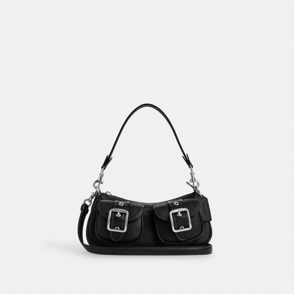 COACH®,ASHTON BAGUETTE,Pebbled Leather,Small,Anniversary,Silver/Black,Front View