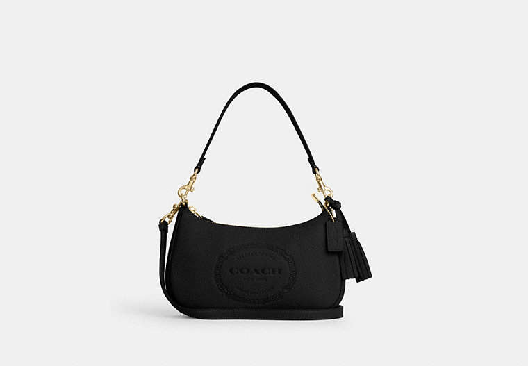 COACH®,TERI SHOULDER BAG WITH COACH HERITAGE,Leather,Medium,Gold/Black,Front View