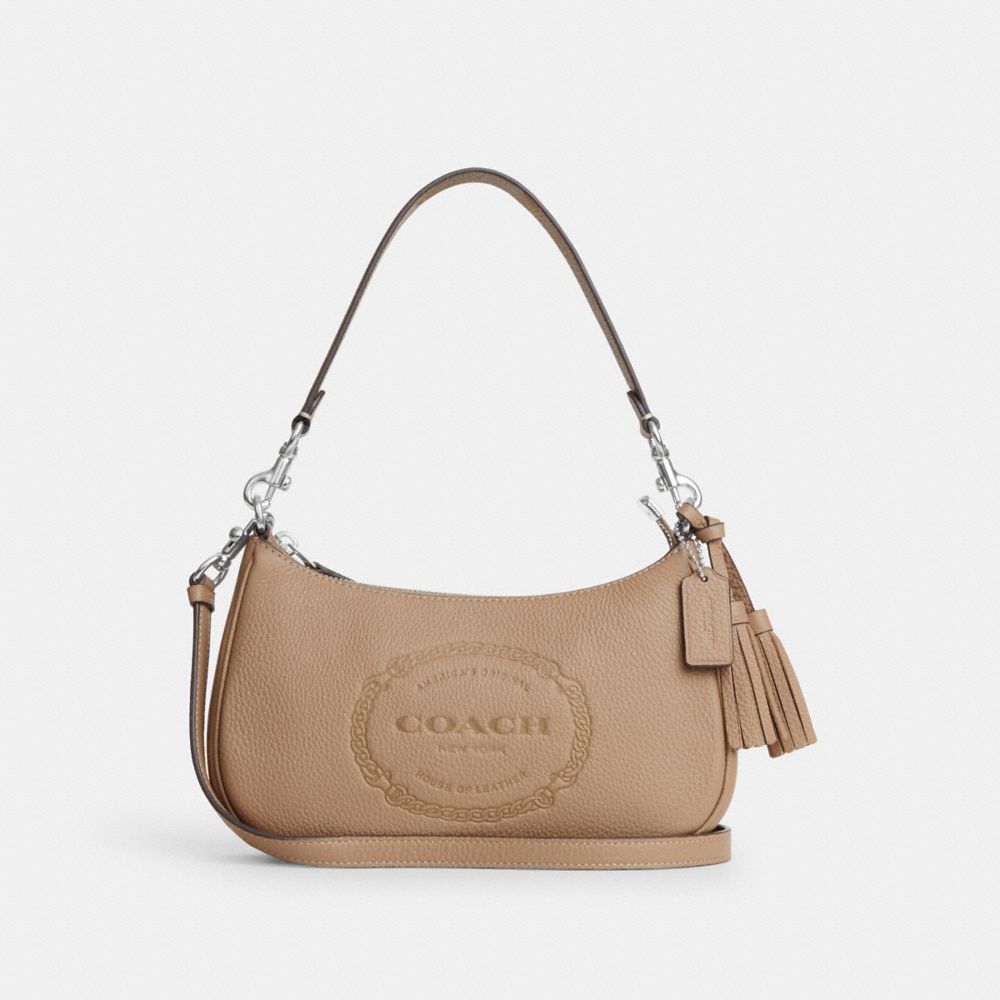 COACH®,TERI SHOULDER BAG WITH COACH HERITAGE,Novelty Leather,Medium,Silver/Taupe,Front View image number 0