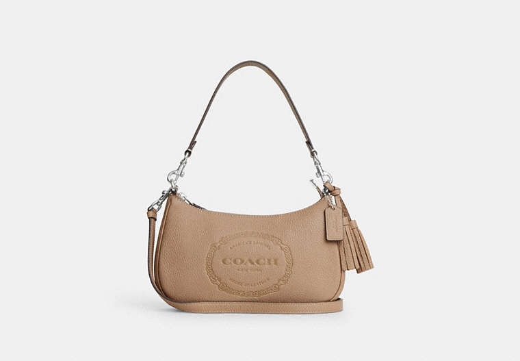 COACH®,TERI SHOULDER BAG WITH COACH HERITAGE,Leather,Medium,Silver/Taupe,Front View image number 0