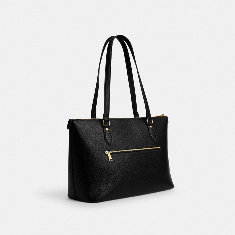 COACH®,GALLERY TOTE BAG WITH COACH HERITAGE,Novelty Leather,Large,Anniversary,Gold/Black,Angle View