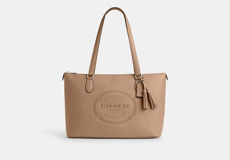 COACH®,GALLERY TOTE WITH COACH HERITAGE,Leather,Large,Anniversary,Silver/Taupe,Front View image number 0