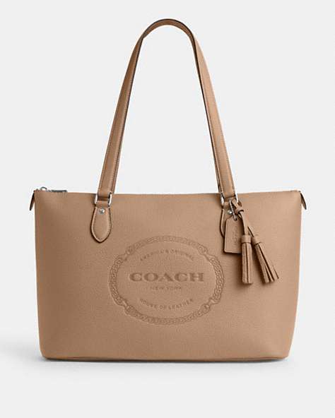 COACH®,GALLERY TOTE WITH COACH HERITAGE,Leather,X-Large,Anniversary,Silver/Taupe,Front View