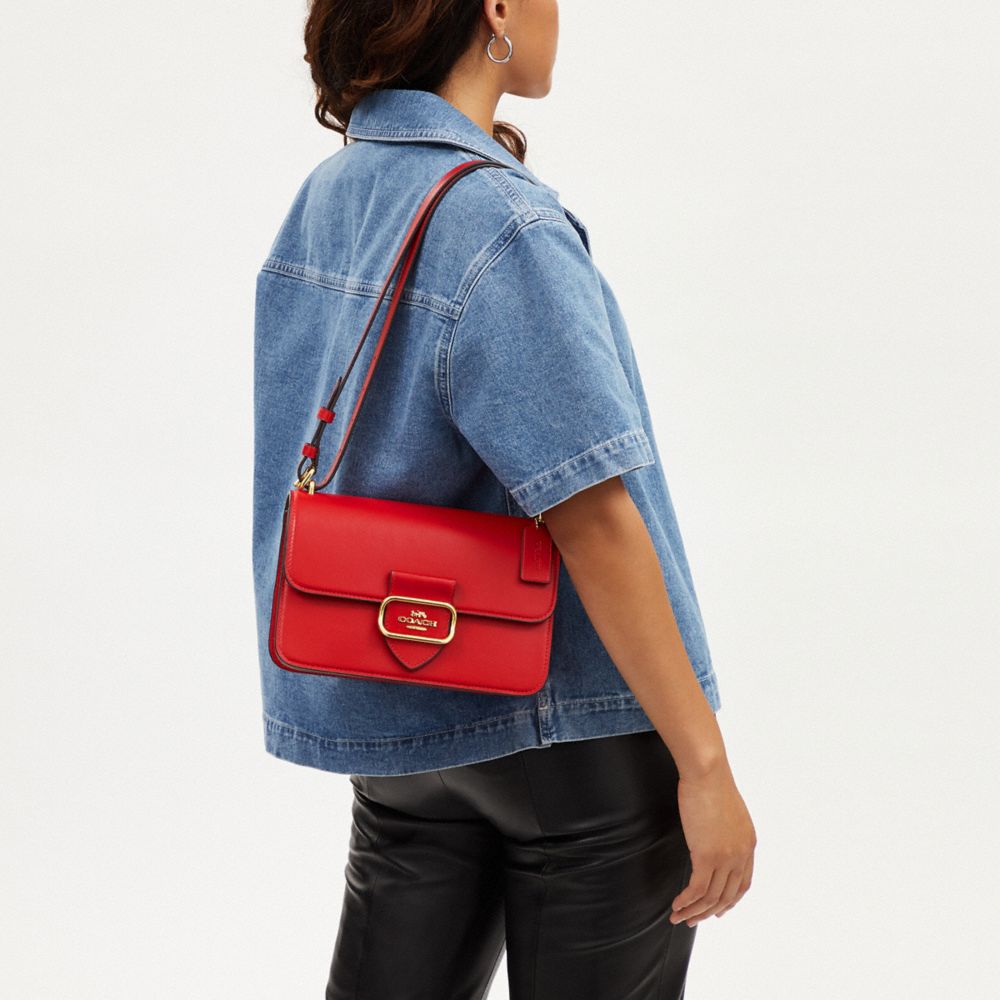 COACH®,Large Morgan Square Crossbody Bag,Leather,Calfskin Leather,Crossbody,Belt,Gusset,Gold Metal,Day Party,Red,Detail View