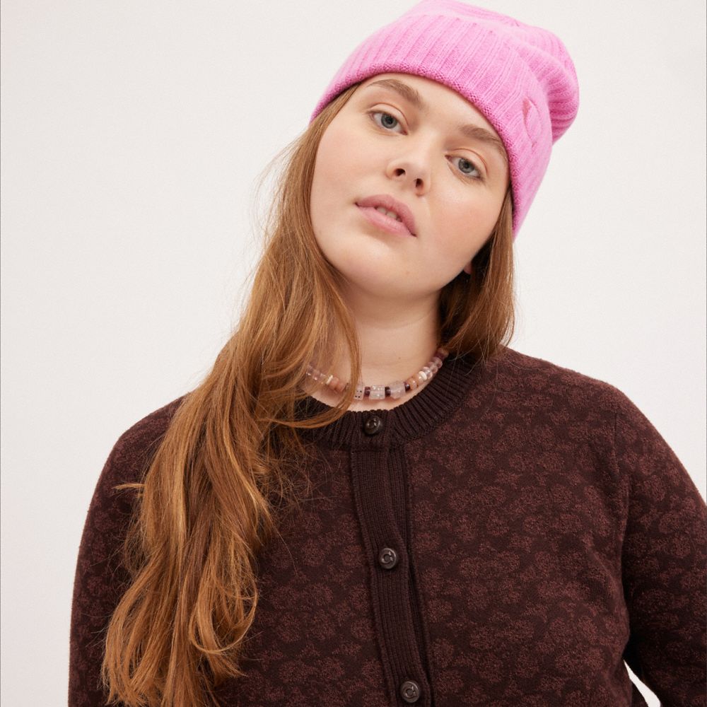COACH®,CASHMERE BEANIE,Patent Pink,Detail View