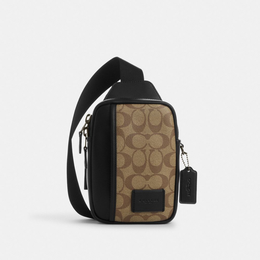 COACH®,EDGE L PACK IN SIGNATURE CANVAS,Mini,Gunmetal/Khaki/Black,Front View