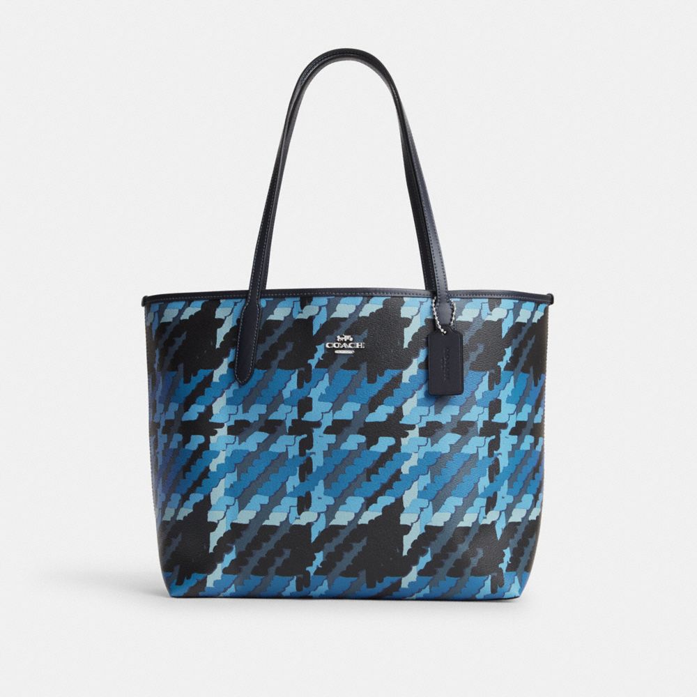 COACH®,CITY TOTE BAG WITH GRAPHIC PLAID PRINT,Novelty Print,X-Large,Silver/Blue Multi,Front View