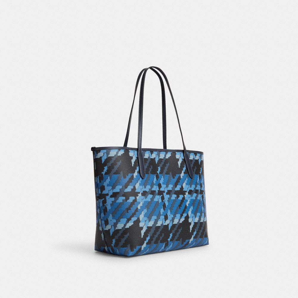 COACH®,CITY TOTE BAG WITH GRAPHIC PLAID PRINT,Novelty Print,X-Large,Silver/Blue Multi,Angle View