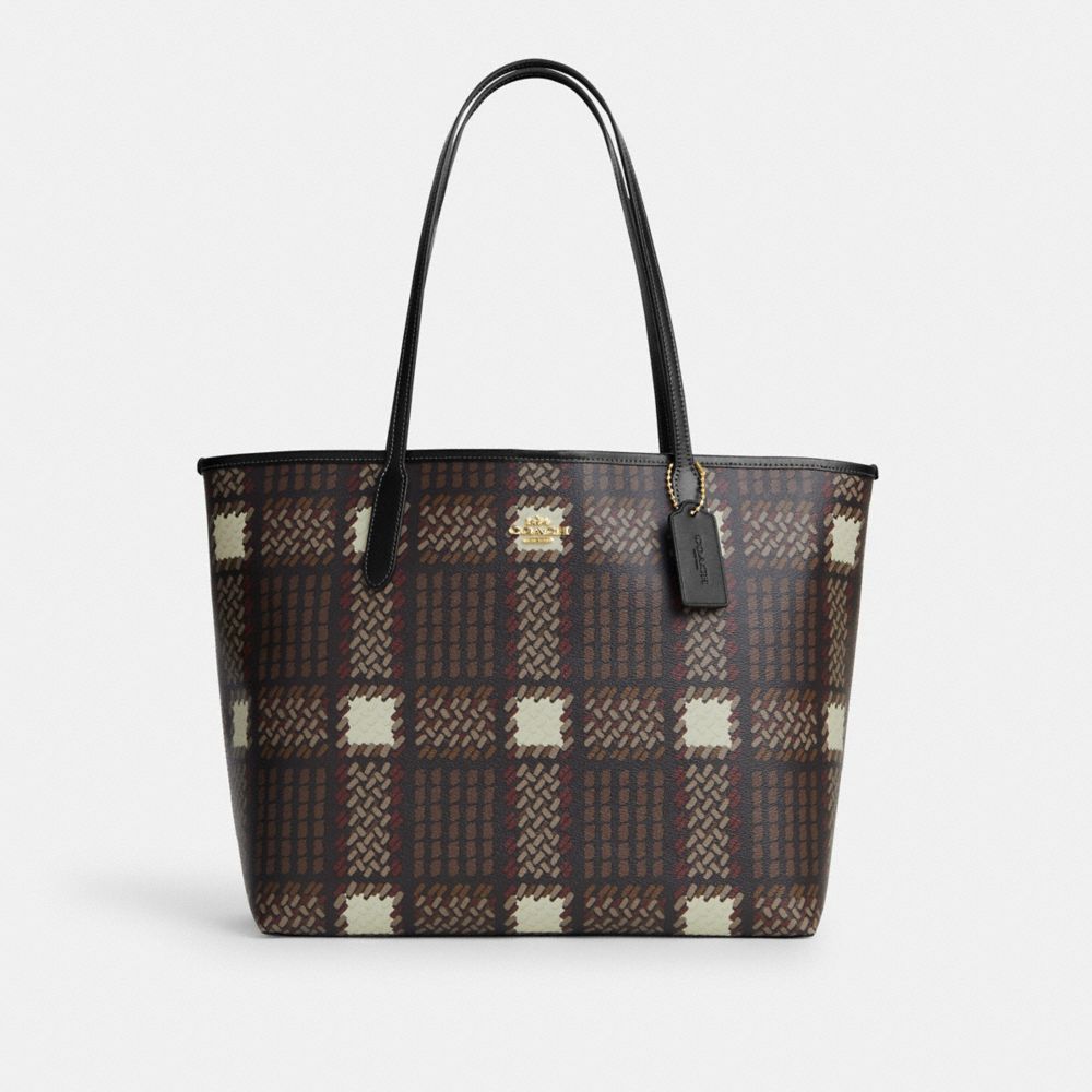 Coach Outlet City Tote with Brushed Plaid Print - Brown - One Size