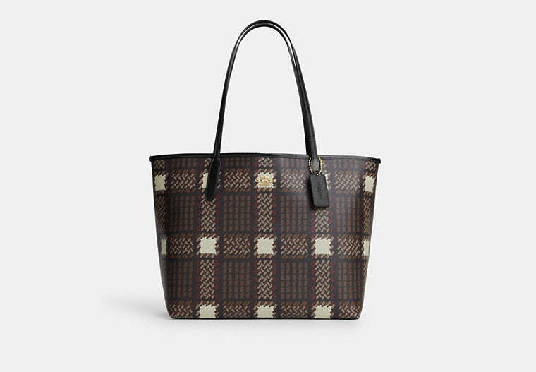 COACH®,CITY TOTE WITH BRUSHED PLAID PRINT,X-Large,Gold/Brown Multi,Front View