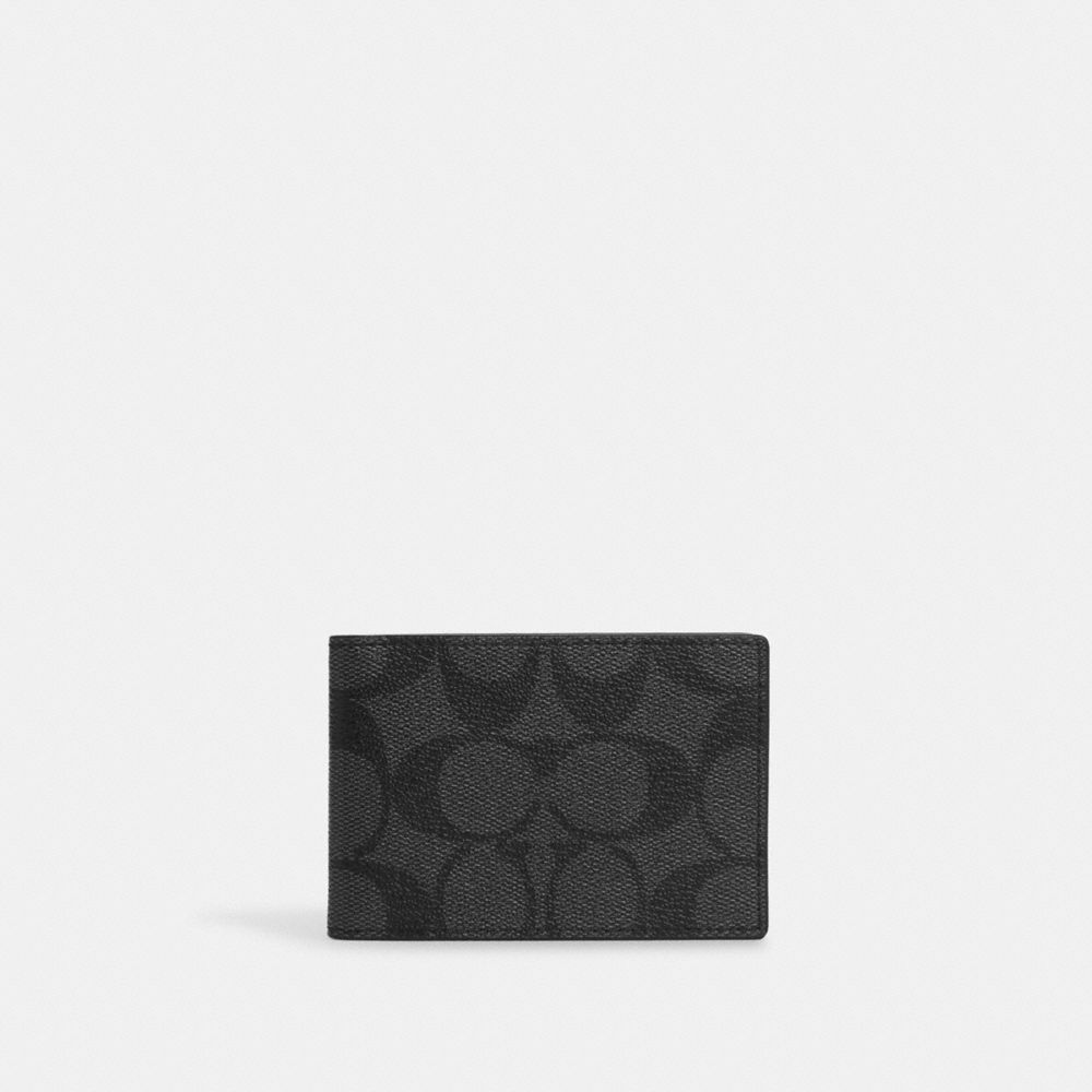 COACH®,COMPACT BILLFOLD WALLET IN SIGNATURE CANVAS,Signature Canvas,Gunmetal/Charcoal/Black,Front View