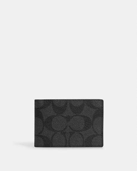 COACH®,COMPACT BILLFOLD WALLET IN SIGNATURE CANVAS,pvc,Gunmetal/Charcoal/Black,Front View