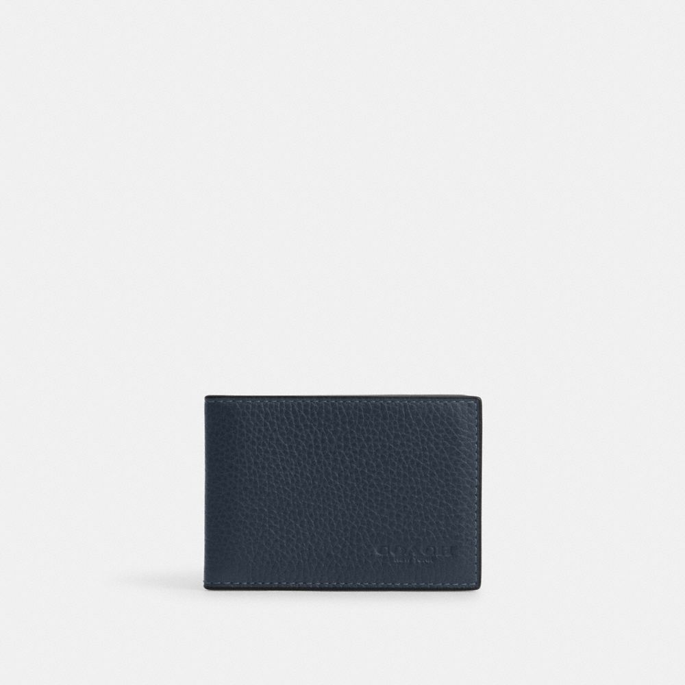 COACH®,COMPACT BILLFOLD WALLET,Pebbled Leather,Denim,Front View