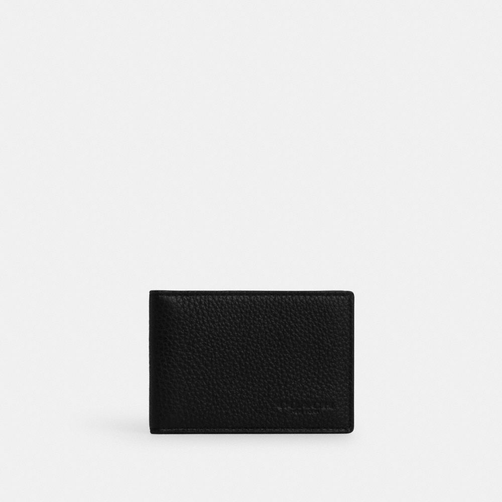 COACH®,COMPACT BILLFOLD WALLET,Pebbled Leather,Gunmetal/Black,Front View